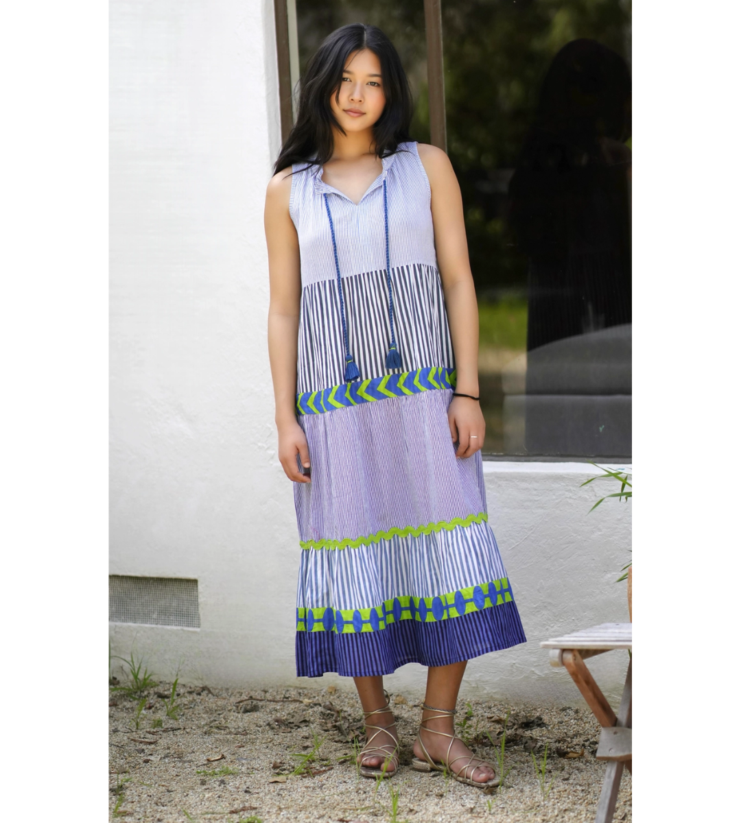 midi dress sleeveless blue green flowy