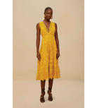 farm rio mustard yellow landscape dress v-neck midi lace 
